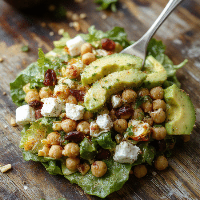 Colorful chickpea feta avocado salad in a white bowl, featuring bright green avocado chunks, creamy feta cheese, and tender chickpeas on a rustic wooden table, garnished with fresh herbs and drizzled with olive oil, showcasing vibrant colors and a fresh, inviting texture.