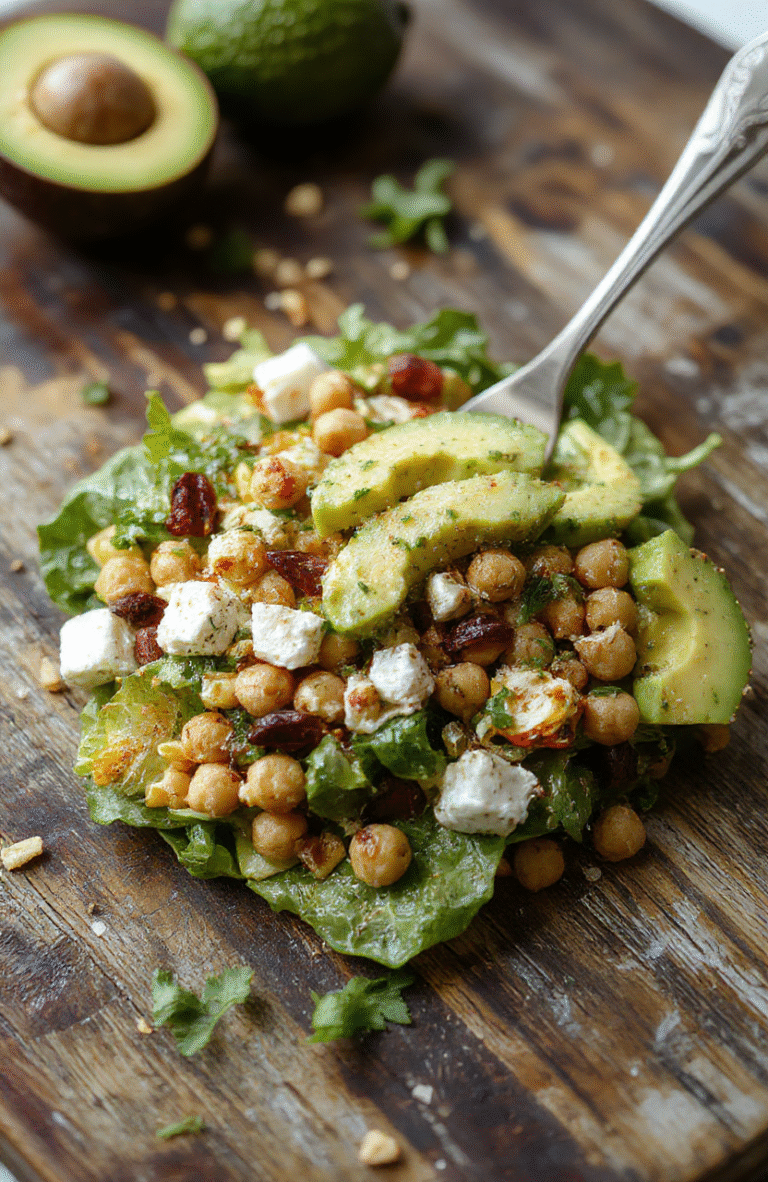 Colorful chickpea feta avocado salad in a white bowl, featuring bright green avocado chunks, creamy feta cheese, and tender chickpeas on a rustic wooden table, garnished with fresh herbs and drizzled with olive oil, showcasing vibrant colors and a fresh, inviting texture.