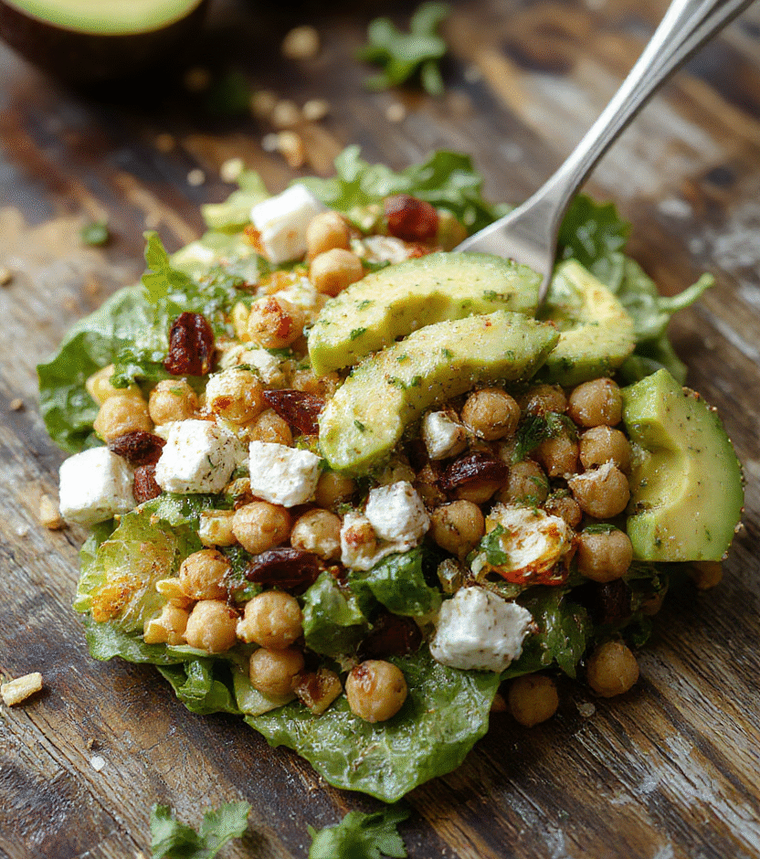 Colorful chickpea feta avocado salad in a white bowl, featuring bright green avocado chunks, creamy feta cheese, and tender chickpeas on a rustic wooden table, garnished with fresh herbs and drizzled with olive oil, showcasing vibrant colors and a fresh, inviting texture.
