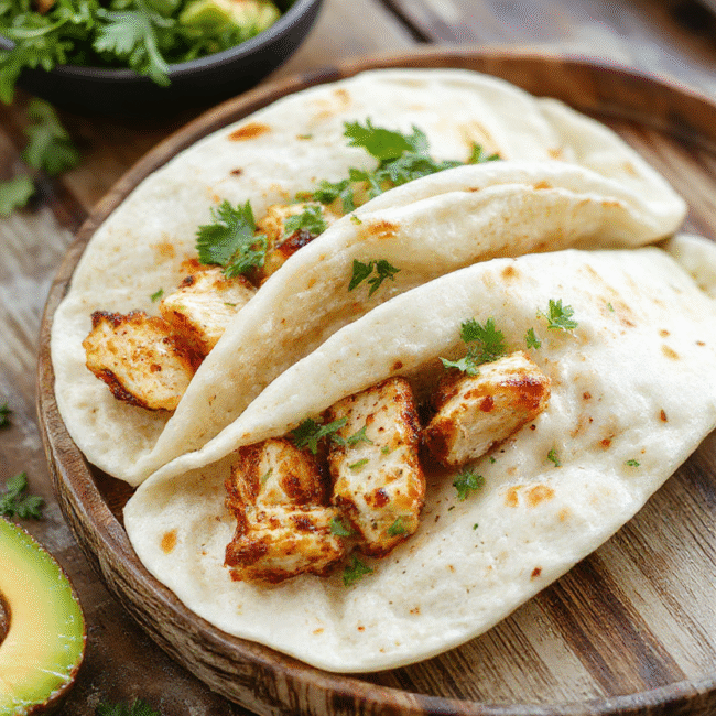 Colorful shredded chicken tacos arranged on a white plate, topped with fresh lettuce, tomatoes, and cheese, with a side of lime wedges, vibrant hues, appealing textures, styled simply for a casual yet appetizing presentation.
