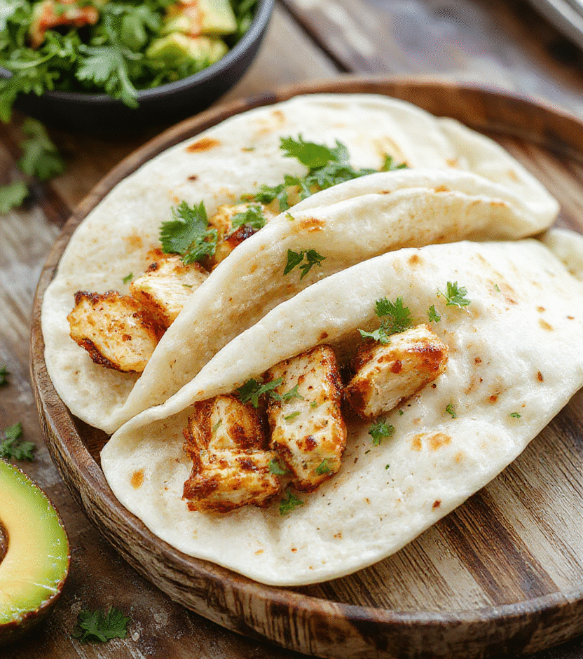 Colorful shredded chicken tacos arranged on a white plate, topped with fresh lettuce, tomatoes, and cheese, with a side of lime wedges, vibrant hues, appealing textures, styled simply for a casual yet appetizing presentation.