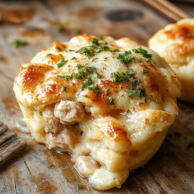 A vibrant plate of crustless chicken pot pie with tender chicken, colorful vegetables, and a creamy sauce, garnished with fresh herbs, served on a rustic wooden table with a sunny background, showcasing a wholesome and inviting dish.