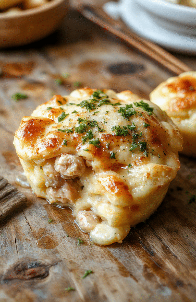 A vibrant plate of crustless chicken pot pie with tender chicken, colorful vegetables, and a creamy sauce, garnished with fresh herbs, served on a rustic wooden table with a sunny background, showcasing a wholesome and inviting dish.