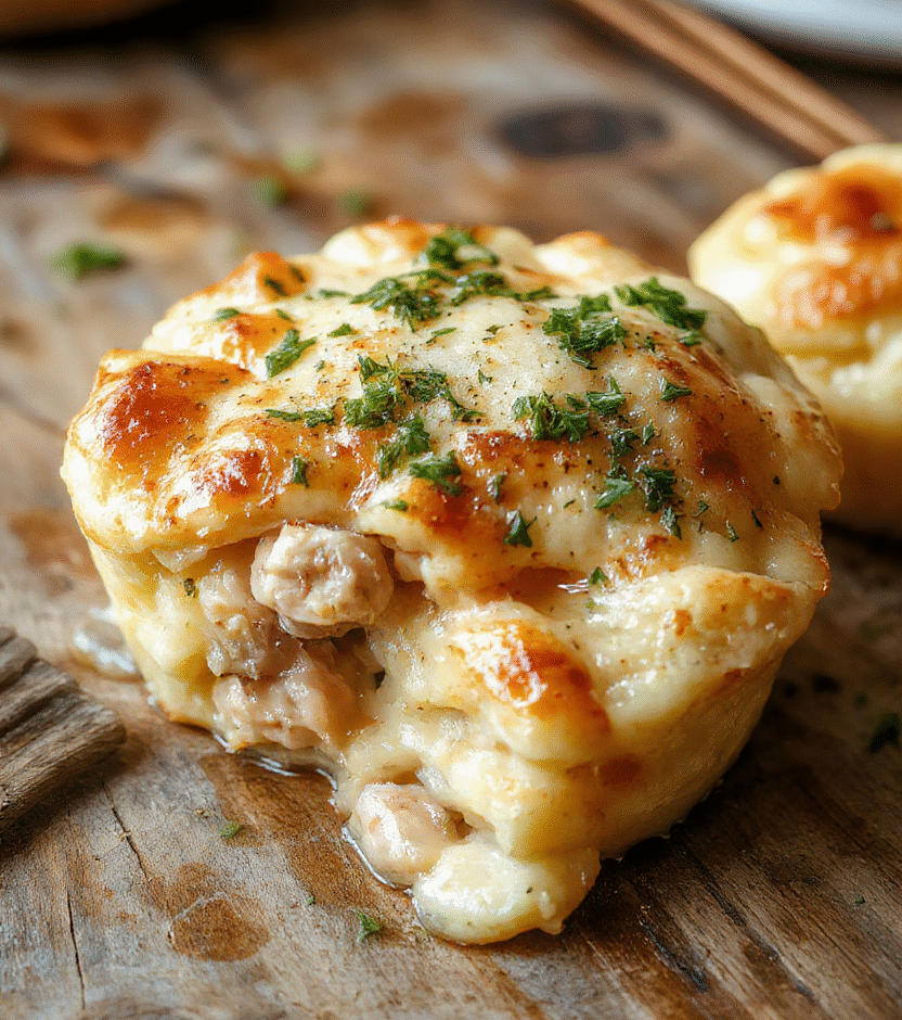 A vibrant plate of crustless chicken pot pie with tender chicken, colorful vegetables, and a creamy sauce, garnished with fresh herbs, served on a rustic wooden table with a sunny background, showcasing a wholesome and inviting dish.