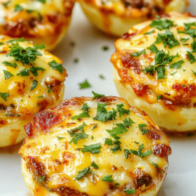 Colorful beef, cheese, and eggs baked in individual muffin cups, golden brown edges, topped with melted cheese, arranged in a neat row on a white plate, garnished with fresh herbs, with a soft blurred background emphasizing the appetizing textures and vibrant colors.