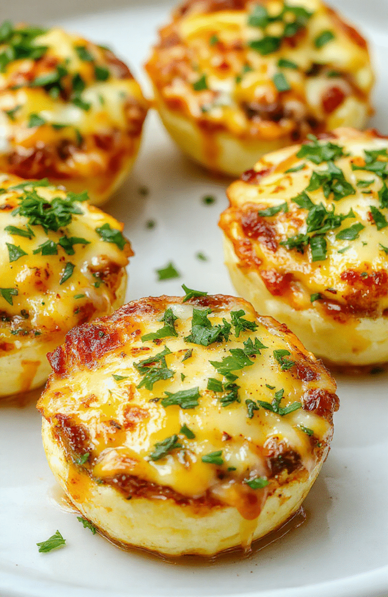 Colorful beef, cheese, and eggs baked in individual muffin cups, golden brown edges, topped with melted cheese, arranged in a neat row on a white plate, garnished with fresh herbs, with a soft blurred background emphasizing the appetizing textures and vibrant colors.