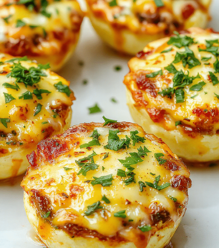 Colorful beef, cheese, and eggs baked in individual muffin cups, golden brown edges, topped with melted cheese, arranged in a neat row on a white plate, garnished with fresh herbs, with a soft blurred background emphasizing the appetizing textures and vibrant colors.