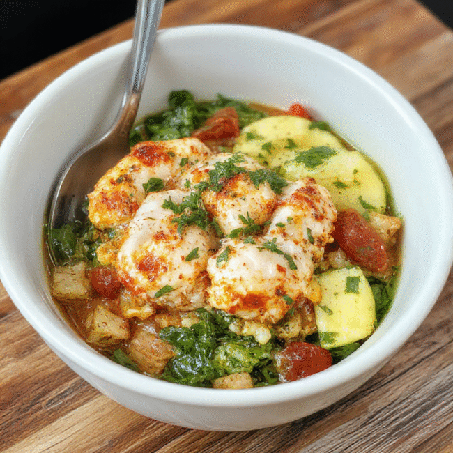 A vibrant Mediterranean chicken bowl with grilled chicken pieces, cherry tomatoes, cucumber slices, kalamata olives, and feta cheese, arranged neatly over quinoa on a rustic wooden plate, garnished with fresh herbs, with a backdrop of a sunny kitchen counter, emphasizing bright colors and fresh textures.