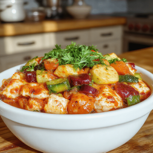 A colorful plate featuring tender chunks of chicken, vibrant mixed vegetables like bell peppers, zucchini, and carrots, arranged neatly on a white ceramic plate. The dish looks moist and flavorful, with a glossy sauce glaze, styled simply for a cozy home setting. The background shows a rustic wooden table with natural daylight highlighting the freshness of the ingredients.