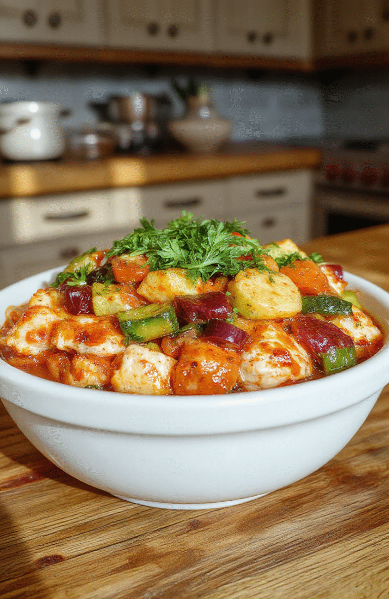 A colorful plate featuring tender chunks of chicken, vibrant mixed vegetables like bell peppers, zucchini, and carrots, arranged neatly on a white ceramic plate. The dish looks moist and flavorful, with a glossy sauce glaze, styled simply for a cozy home setting. The background shows a rustic wooden table with natural daylight highlighting the freshness of the ingredients.