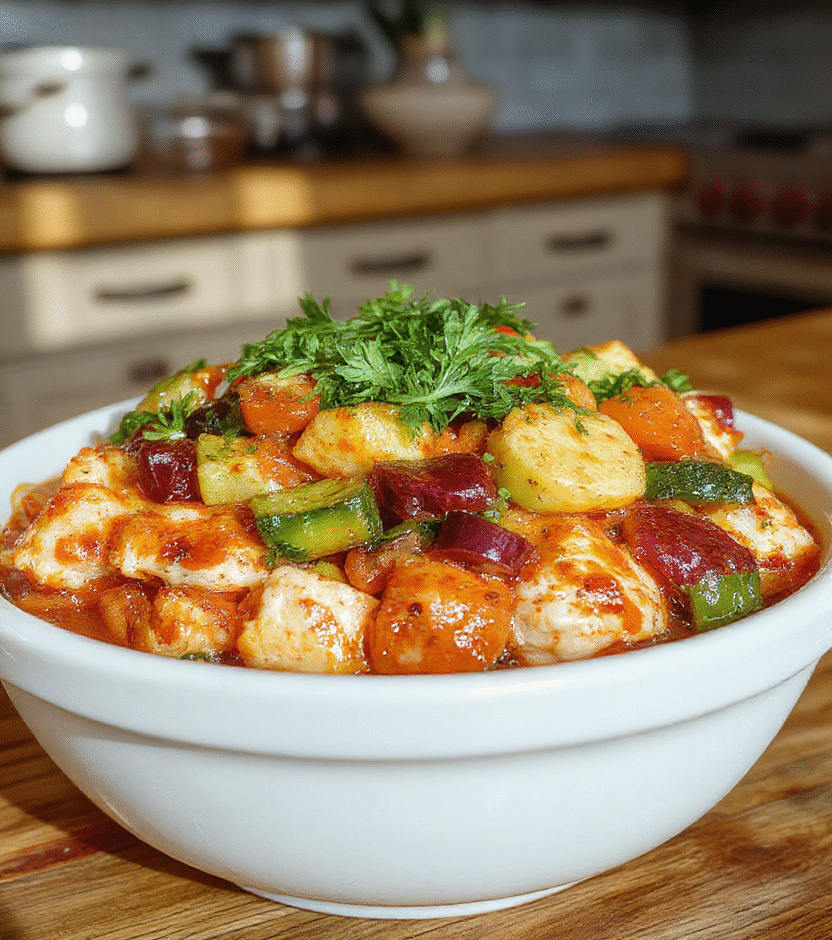 A colorful plate featuring tender chunks of chicken, vibrant mixed vegetables like bell peppers, zucchini, and carrots, arranged neatly on a white ceramic plate. The dish looks moist and flavorful, with a glossy sauce glaze, styled simply for a cozy home setting. The background shows a rustic wooden table with natural daylight highlighting the freshness of the ingredients.
