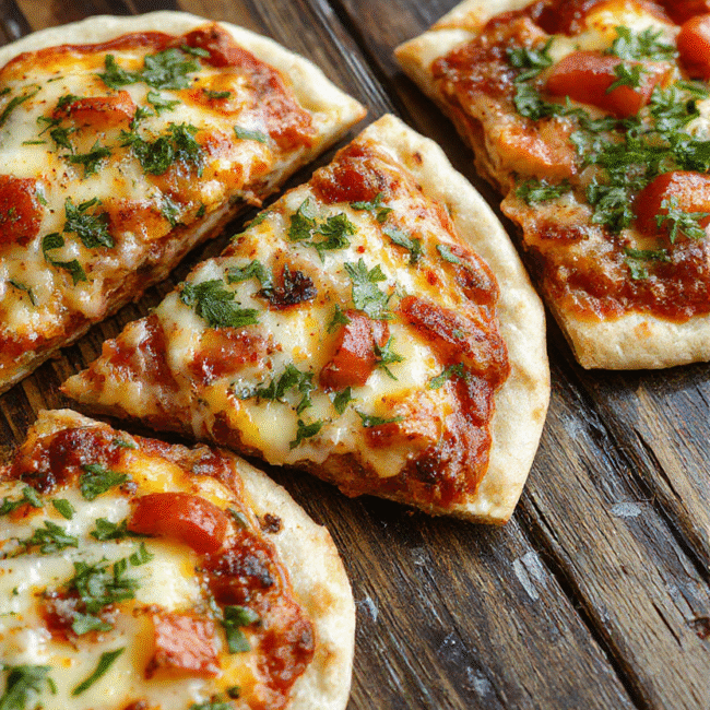 A vibrant assortment of pita pizzas on a rustic wooden surface, topped with colorful vegetables, melted cheese, and fresh herbs, showcasing crispy edges and gooey centers in natural daylight with soft shadows.