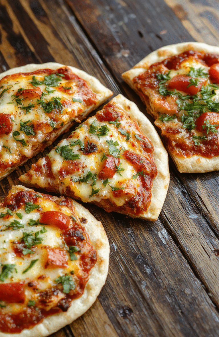 A vibrant assortment of pita pizzas on a rustic wooden surface, topped with colorful vegetables, melted cheese, and fresh herbs, showcasing crispy edges and gooey centers in natural daylight with soft shadows.
