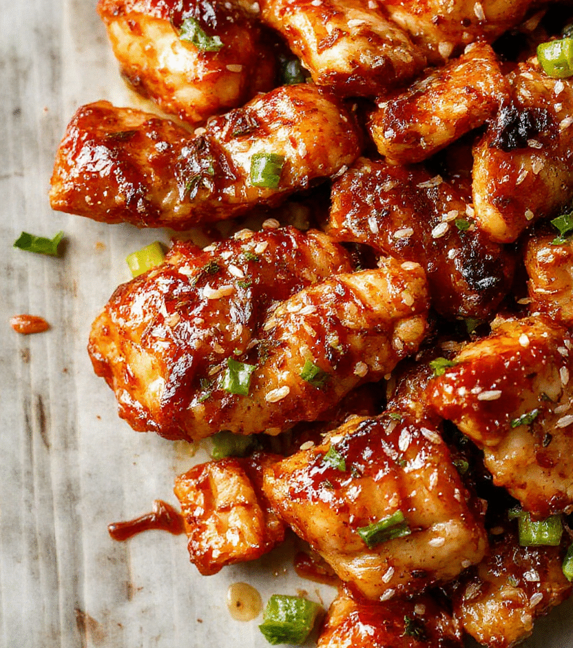 A vibrant plate of sesame chicken featuring golden-brown crispy chicken pieces topped with shiny sesame seeds, served with colorful vegetables and a glossy sauce, arranged on a clean white plate with a neutral background, styled simply for an inviting and mouthwatering presentation.