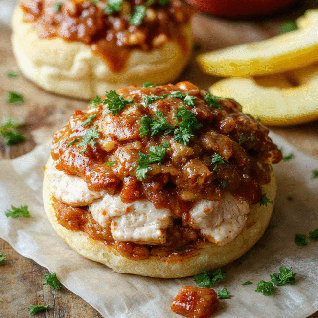 A vibrant plate featuring two hearty turkey sloppy joes with glossy, tomato-based sauce, topped with fresh chopped herbs, served on whole-grain buns, accompanied by a side of crisp lettuce and sliced pickles, with a rustic wooden background and natural lighting highlighting the textures and colors.