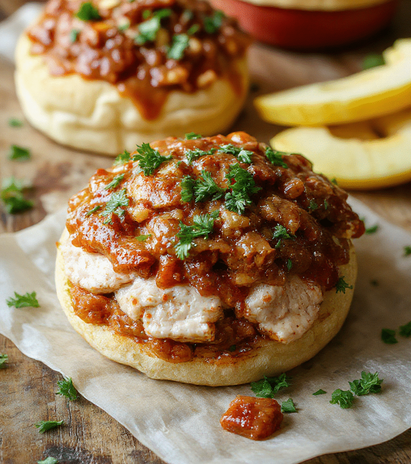 A vibrant plate featuring two hearty turkey sloppy joes with glossy, tomato-based sauce, topped with fresh chopped herbs, served on whole-grain buns, accompanied by a side of crisp lettuce and sliced pickles, with a rustic wooden background and natural lighting highlighting the textures and colors.