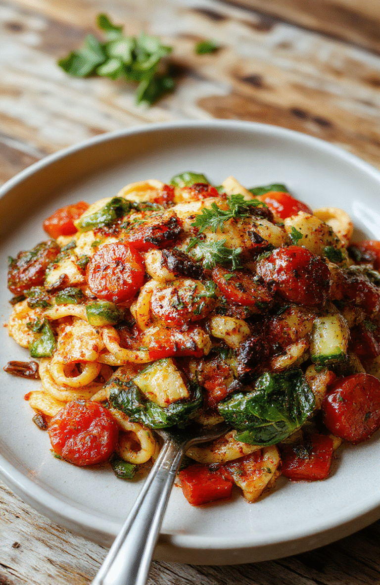 A colorful plate of vegetarian zucchini pasta featuring spiralized zucchini noodles topped with fresh cherry tomatoes, basil leaves, and a drizzle of olive oil. The dish is vibrant with reds, greens, and golden hues, presented on a rustic white plate styled with a clean, natural background. The textures look fresh and tender, highlighting the light and healthy nature of the dish, styled with minimal garnishes for an appetizing presentation.