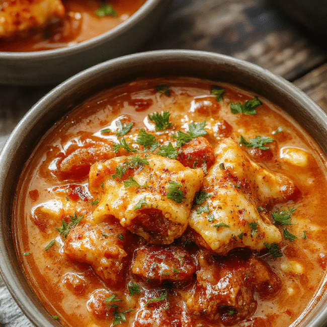 A steaming bowl of hearty lasagna soup with layers of melting cheese, rich tomato broth, and sprinkled herbs, served with a crusty baguette on a rustic wooden table with a cozy, inviting ambiance.