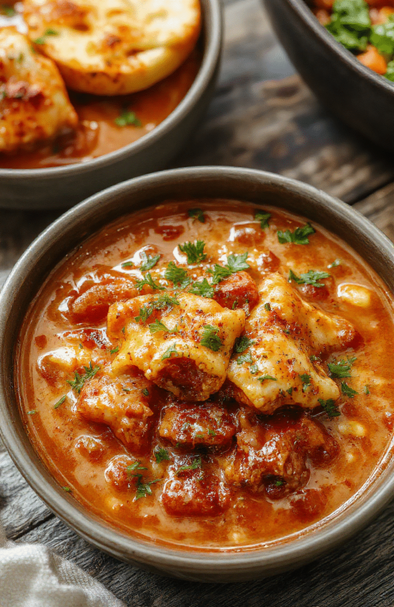 A steaming bowl of hearty lasagna soup with layers of melting cheese, rich tomato broth, and sprinkled herbs, served with a crusty baguette on a rustic wooden table with a cozy, inviting ambiance.
