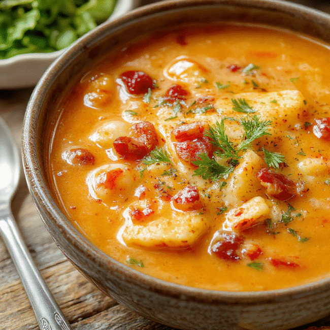 A steaming bowl of hearty cowboy soup featuring chunks of beef, beans, corn, and vegetables, topped with fresh herbs, served in a rustic white bowl on a wooden table with a spoon, colorful ingredients visible, and a cozy background for a comforting meal.