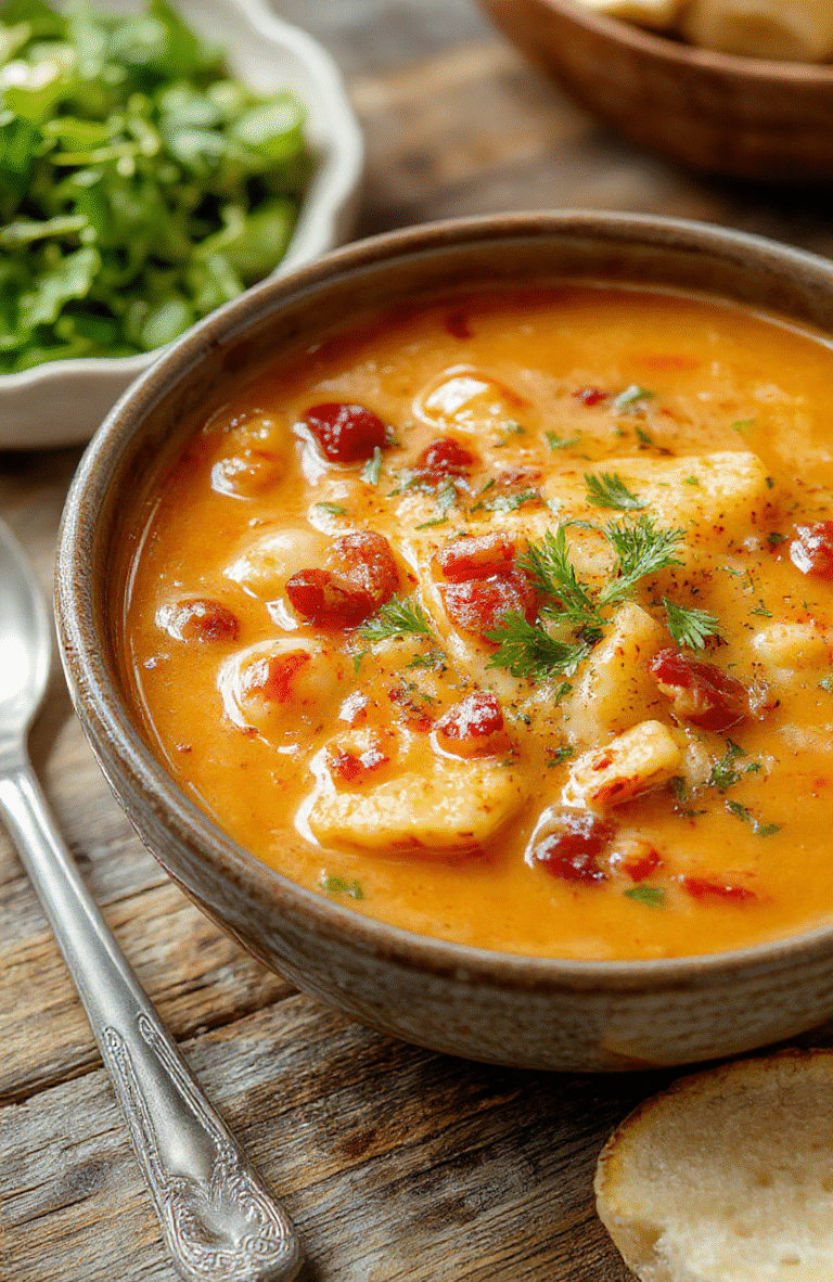 A steaming bowl of hearty cowboy soup featuring chunks of beef, beans, corn, and vegetables, topped with fresh herbs, served in a rustic white bowl on a wooden table with a spoon, colorful ingredients visible, and a cozy background for a comforting meal.