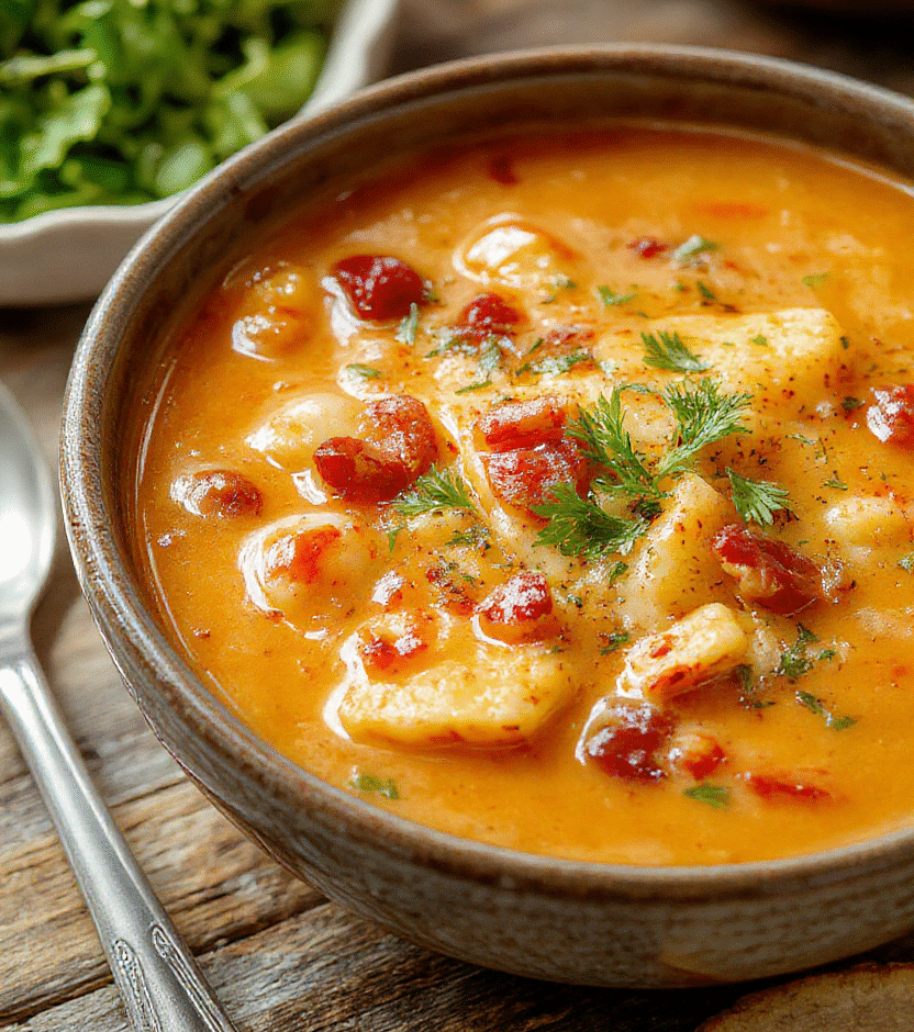 A steaming bowl of hearty cowboy soup featuring chunks of beef, beans, corn, and vegetables, topped with fresh herbs, served in a rustic white bowl on a wooden table with a spoon, colorful ingredients visible, and a cozy background for a comforting meal.