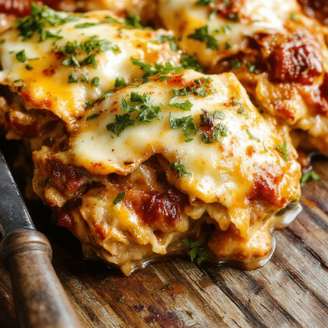 A colorful chicken parmesan casserole in a rectangular baking dish topped with melted cheese and crispy golden breadcrumbs, garnished with fresh basil leaves, with a side of marinara sauce visible. The dish is steaming hot, showcasing gooey cheese, tender chicken, and fresh herbs, styled on a rustic wooden table with a natural, cozy ambiance.