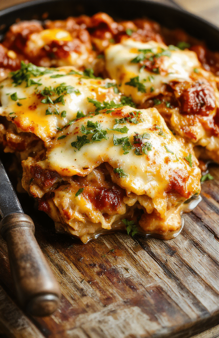 A colorful chicken parmesan casserole in a rectangular baking dish topped with melted cheese and crispy golden breadcrumbs, garnished with fresh basil leaves, with a side of marinara sauce visible. The dish is steaming hot, showcasing gooey cheese, tender chicken, and fresh herbs, styled on a rustic wooden table with a natural, cozy ambiance.