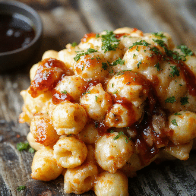 A creamy bowl of macaroni and cheese topped with tender chunks of honey BBQ chicken, vibrant yellow cheese sauce glistening, garnished with fresh herbs, served on a rustic wooden table with a side of crispy chicken pieces and a drizzle of honey BBQ sauce.