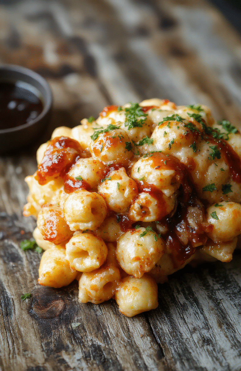 A creamy bowl of macaroni and cheese topped with tender chunks of honey BBQ chicken, vibrant yellow cheese sauce glistening, garnished with fresh herbs, served on a rustic wooden table with a side of crispy chicken pieces and a drizzle of honey BBQ sauce.