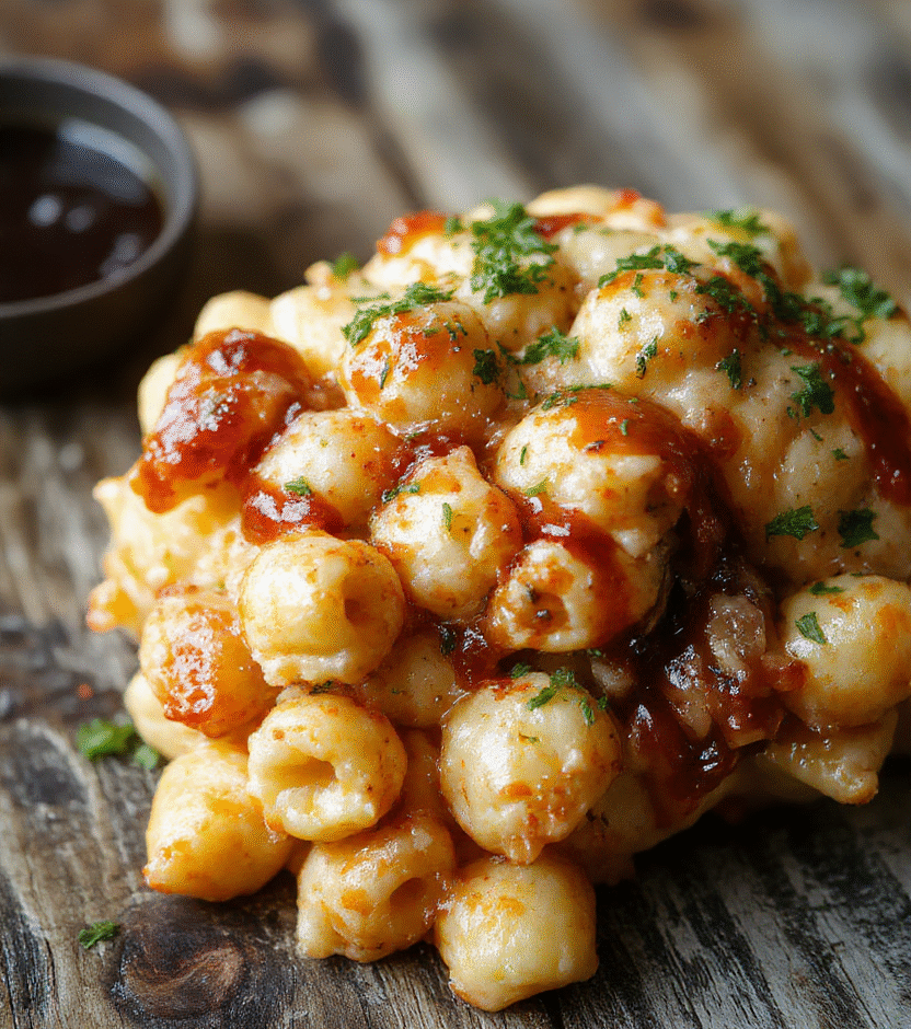 A creamy bowl of macaroni and cheese topped with tender chunks of honey BBQ chicken, vibrant yellow cheese sauce glistening, garnished with fresh herbs, served on a rustic wooden table with a side of crispy chicken pieces and a drizzle of honey BBQ sauce.