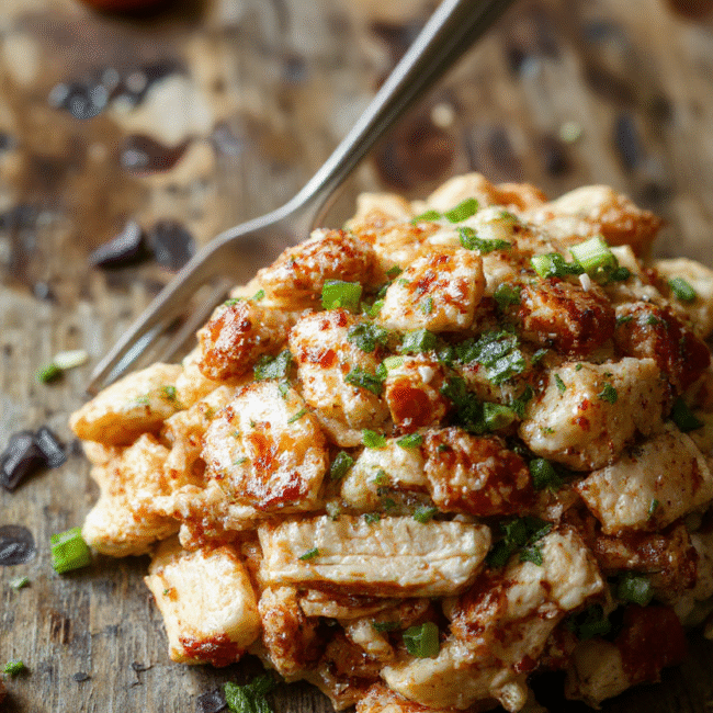 A vibrant plate of chicken chow mein featuring perfectly cooked noodles, sliced chicken breast, colorful vegetables like bell peppers and carrots, all glazed with a savory sauce. The dish is styled on a rustic wooden surface with a sprinkle of sesame seeds and chopped green onions, showcasing textures from tender chicken to crispy vegetables. The vibrant colors and appetizing presentation emphasize freshness and homemade appeal.