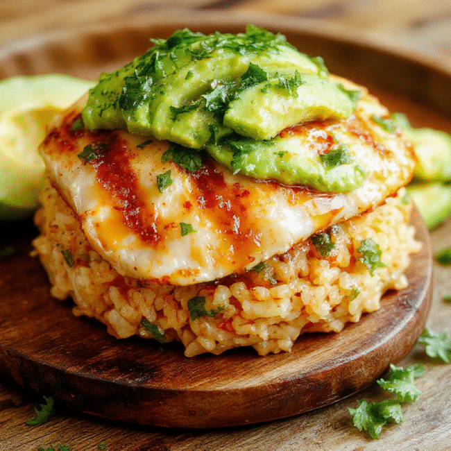Colorful presentation of honey lime chicken slices layered with creamy avocado on a bed of fluffy rice, garnished with fresh cilantro and lime wedges, all on a rustic wooden plate with a vibrant background.