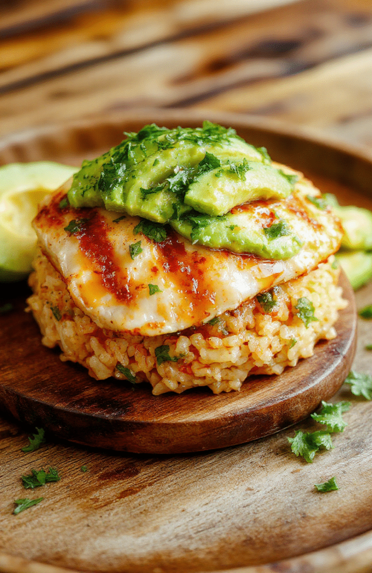 Colorful presentation of honey lime chicken slices layered with creamy avocado on a bed of fluffy rice, garnished with fresh cilantro and lime wedges, all on a rustic wooden plate with a vibrant background.