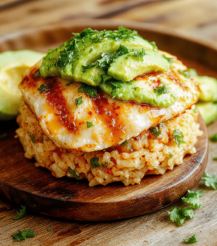 Colorful presentation of honey lime chicken slices layered with creamy avocado on a bed of fluffy rice, garnished with fresh cilantro and lime wedges, all on a rustic wooden plate with a vibrant background.