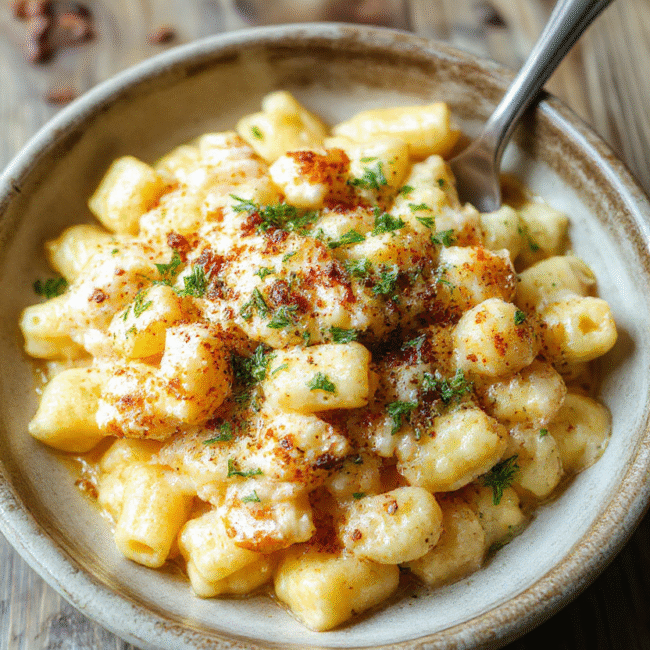 A vibrant plate of Honey Pepper Chicken Mac and Cheese featuring tender pasta coated in a cheesy sauce, topped with crispy honey-glazed chicken bites and freshly ground black pepper. The dish is beautifully plated with a sprinkle of green herbs, making for an appetizing and comforting presentation with warm, golden hues and creamy textures.