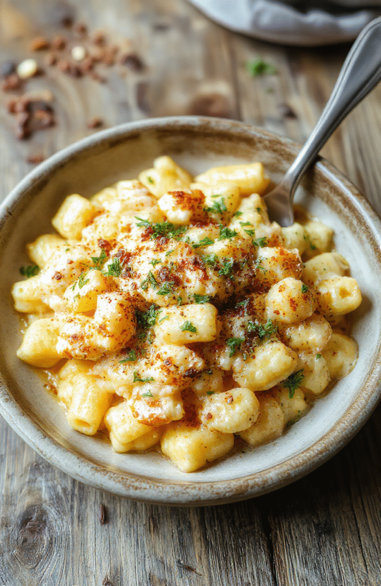 A vibrant plate of Honey Pepper Chicken Mac and Cheese featuring tender pasta coated in a cheesy sauce, topped with crispy honey-glazed chicken bites and freshly ground black pepper. The dish is beautifully plated with a sprinkle of green herbs, making for an appetizing and comforting presentation with warm, golden hues and creamy textures.
