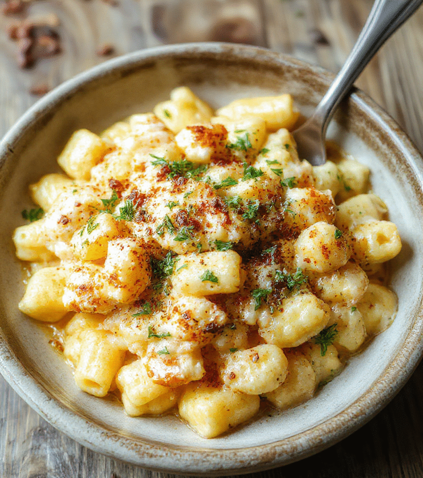 A vibrant plate of Honey Pepper Chicken Mac and Cheese featuring tender pasta coated in a cheesy sauce, topped with crispy honey-glazed chicken bites and freshly ground black pepper. The dish is beautifully plated with a sprinkle of green herbs, making for an appetizing and comforting presentation with warm, golden hues and creamy textures.