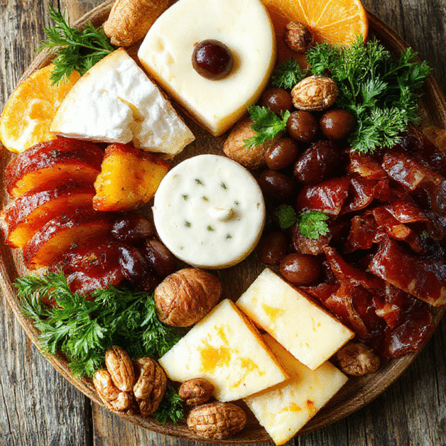 A beautifully arranged charcuterie wreath featuring various cheeses, cured meats, fresh fruits, nuts, and herbs arranged in a circular form on a rustic wooden surface, vibrant colors and textures highlighted, styled minimally with natural lighting.