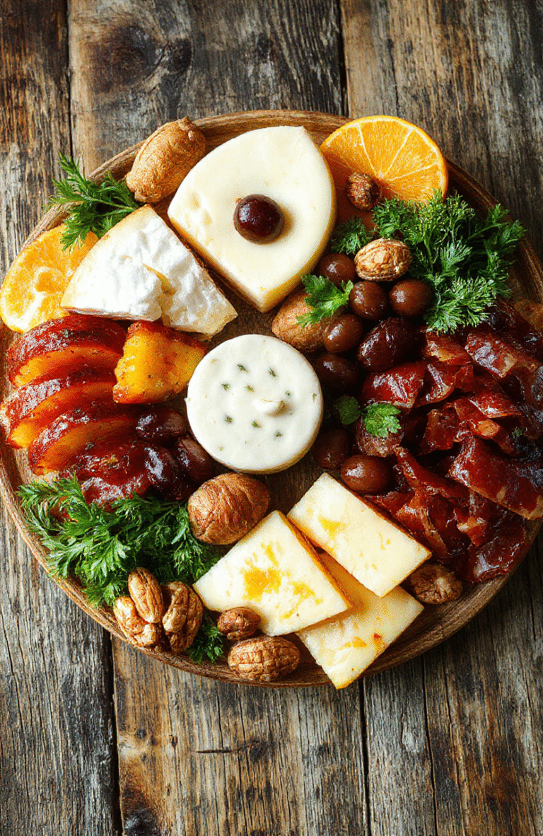 A beautifully arranged charcuterie wreath featuring various cheeses, cured meats, fresh fruits, nuts, and herbs arranged in a circular form on a rustic wooden surface, vibrant colors and textures highlighted, styled minimally with natural lighting.