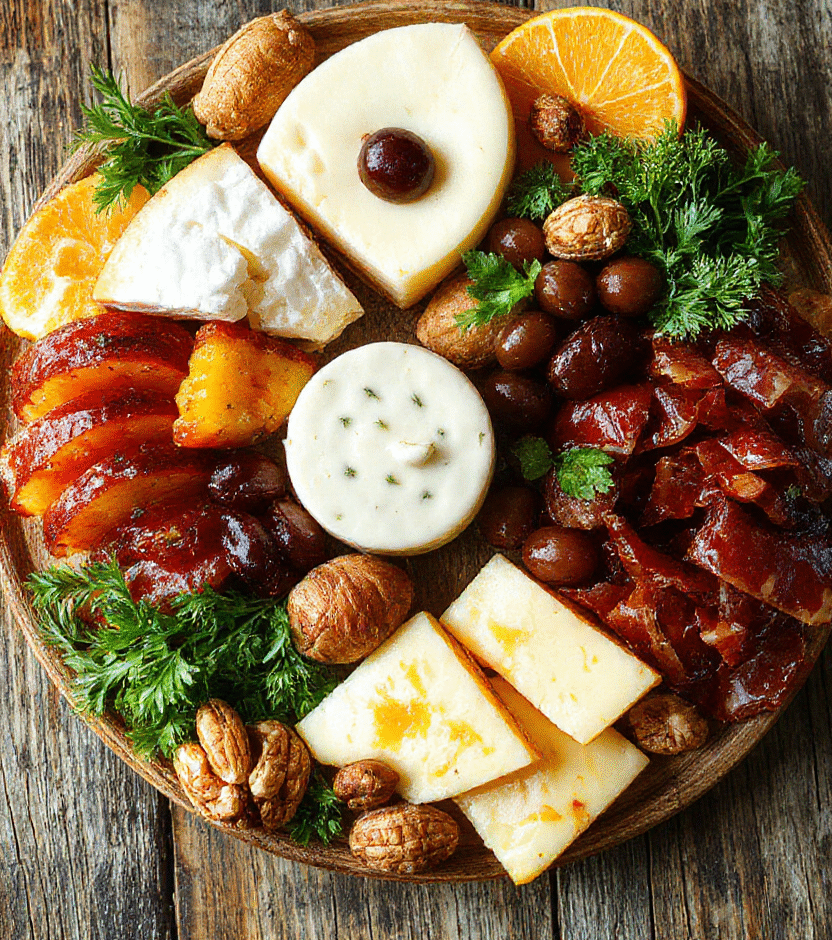 A beautifully arranged charcuterie wreath featuring various cheeses, cured meats, fresh fruits, nuts, and herbs arranged in a circular form on a rustic wooden surface, vibrant colors and textures highlighted, styled minimally with natural lighting.