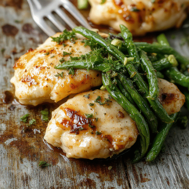 A vibrant plate featuring golden-brown chicken thighs coated in lemon garlic butter sauce, garnished with fresh herbs. Accompanying the dish are crisp green beans seasoned with garlic, arranged beautifully on a white ceramic plate, with a glossy sauce drizzle and colorful lemon slices adding brightness. The textures look juicy and tender, with steam gently rising, styled simply for a homely, appealing presentation.