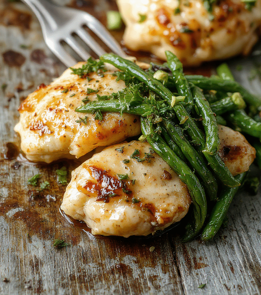 A vibrant plate featuring golden-brown chicken thighs coated in lemon garlic butter sauce, garnished with fresh herbs. Accompanying the dish are crisp green beans seasoned with garlic, arranged beautifully on a white ceramic plate, with a glossy sauce drizzle and colorful lemon slices adding brightness. The textures look juicy and tender, with steam gently rising, styled simply for a homely, appealing presentation.