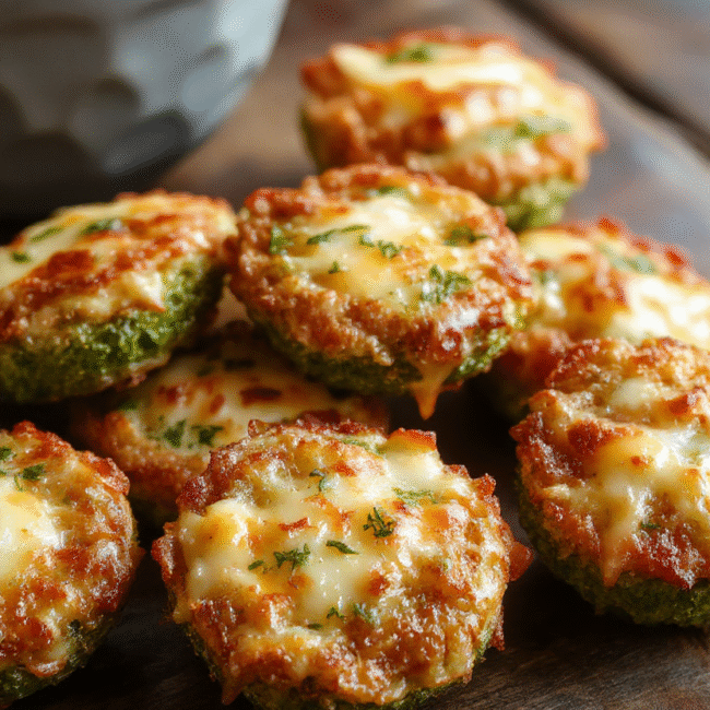 Colorful golden brown broccoli cheese rounds arranged on a white plate, crispy edges with melted cheese, vibrant green broccoli peeking through, styled simply with a rustic background, natural daylight highlighting textures and colors.