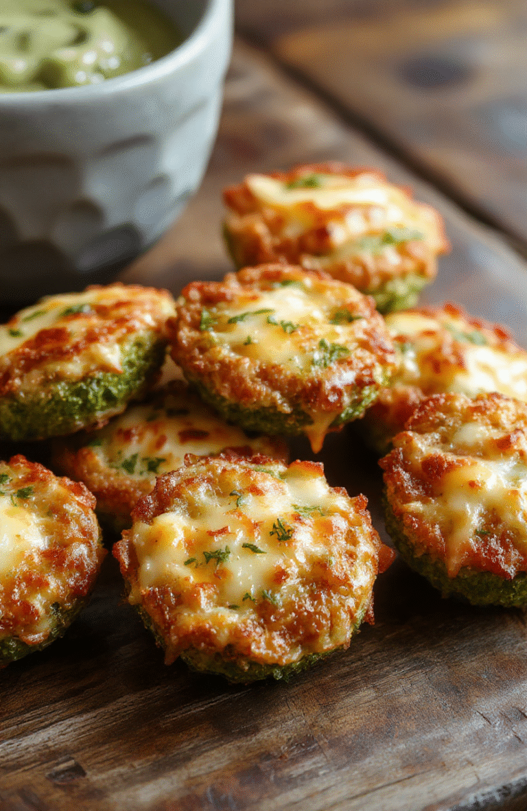 Colorful golden brown broccoli cheese rounds arranged on a white plate, crispy edges with melted cheese, vibrant green broccoli peeking through, styled simply with a rustic background, natural daylight highlighting textures and colors.