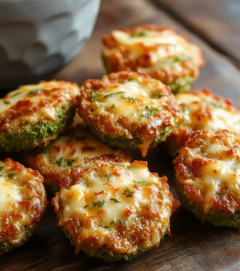 Colorful golden brown broccoli cheese rounds arranged on a white plate, crispy edges with melted cheese, vibrant green broccoli peeking through, styled simply with a rustic background, natural daylight highlighting textures and colors.