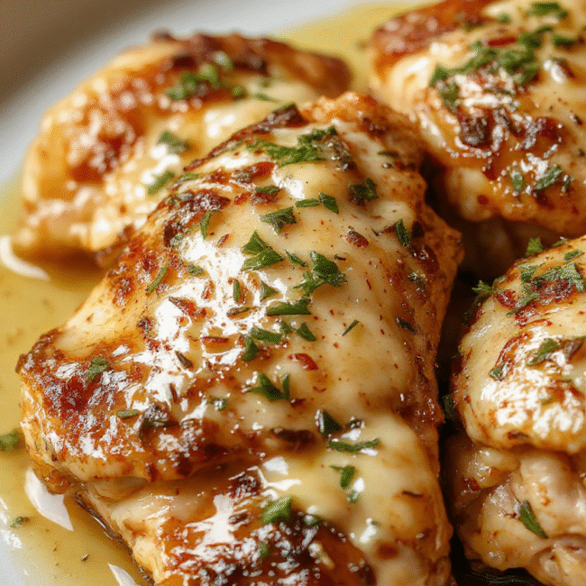 A close-up of tender garlic butter chicken breasts plated on a rustic white dish, topped with fresh parsley and a lemon wedge. The chicken has a golden-brown, crispy exterior with herbs and garlic visible on top. The background shows a natural wooden table with a soft focus on a side of roasted vegetables and a sprig of rosemary.