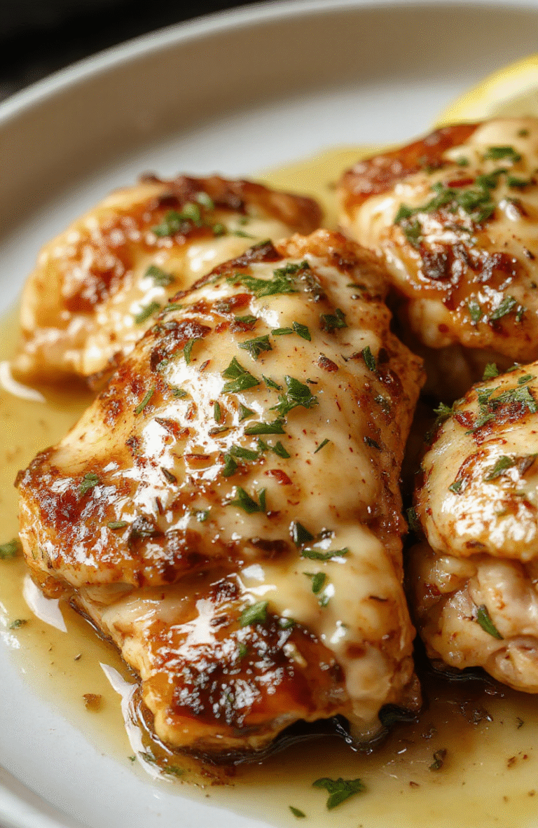 A close-up of tender garlic butter chicken breasts plated on a rustic white dish, topped with fresh parsley and a lemon wedge. The chicken has a golden-brown, crispy exterior with herbs and garlic visible on top. The background shows a natural wooden table with a soft focus on a side of roasted vegetables and a sprig of rosemary.