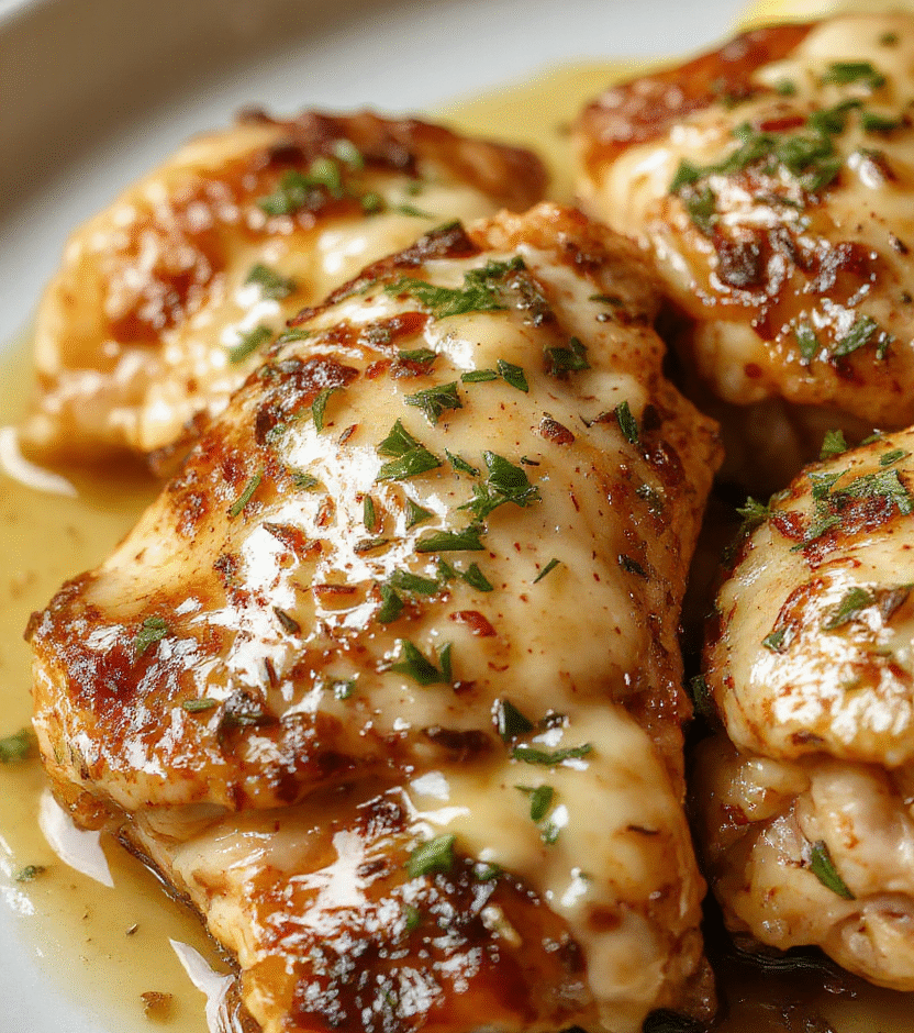 A close-up of tender garlic butter chicken breasts plated on a rustic white dish, topped with fresh parsley and a lemon wedge. The chicken has a golden-brown, crispy exterior with herbs and garlic visible on top. The background shows a natural wooden table with a soft focus on a side of roasted vegetables and a sprig of rosemary.