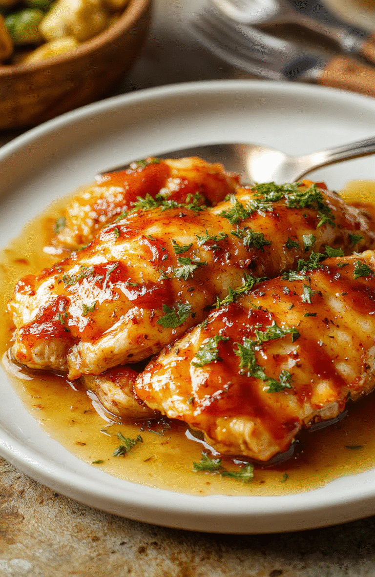 A beautifully plated honey butter chicken dish featuring golden-brown crispy chicken chunks glazed with glossy honey butter sauce, garnished with fresh herbs on a rustic white plate. The vibrant orange and golden hues of the sauce contrast with the crispy texture, surrounded by a soft-focus background of accompanying sides.